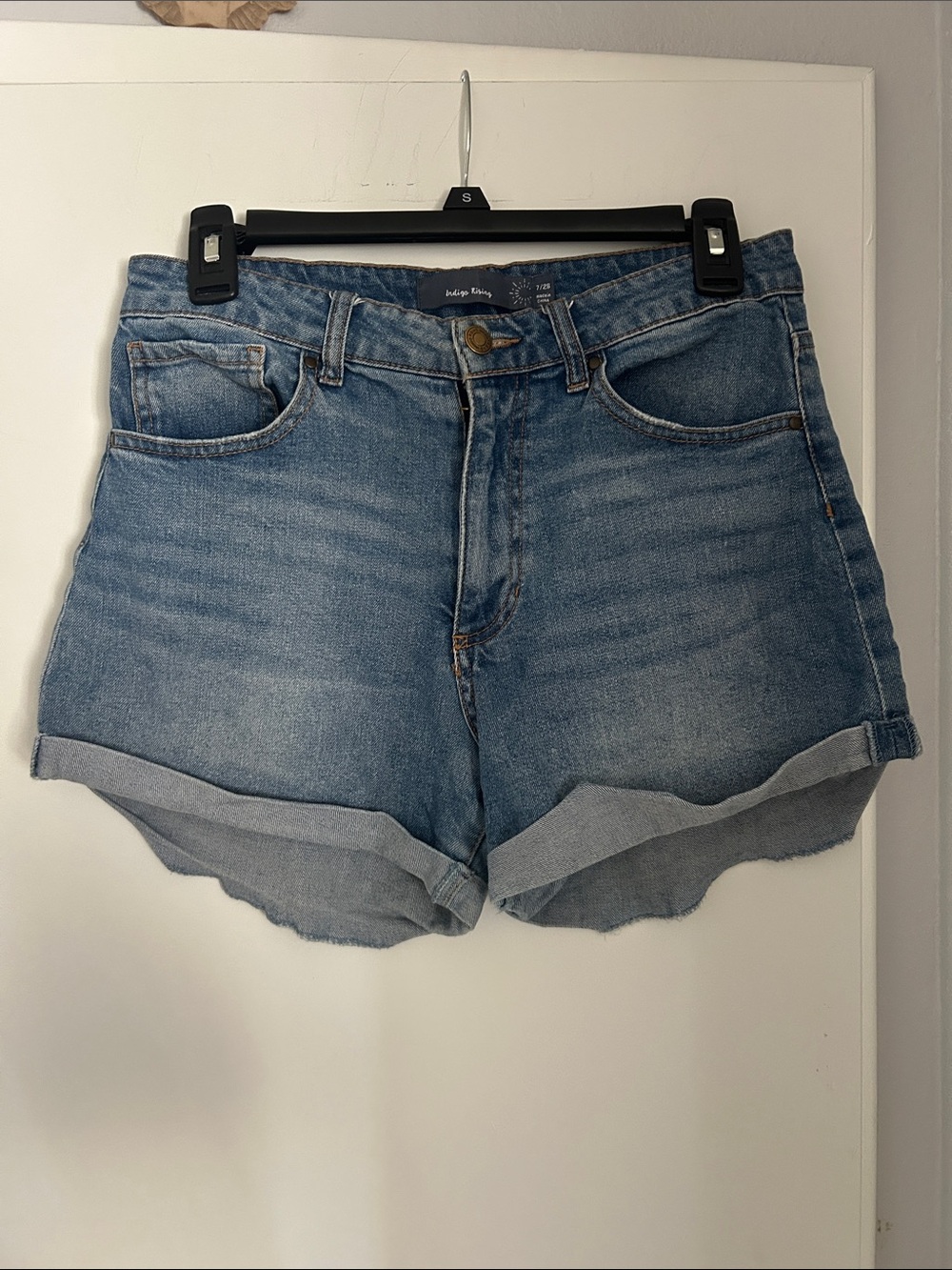 Indigo Rising High-Rise Rolled Hem Denim Shorts - Light Blue